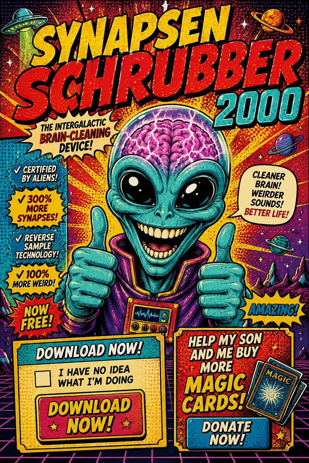 SynapsenSchrubber2000 retro pop-art poster with smiling alien